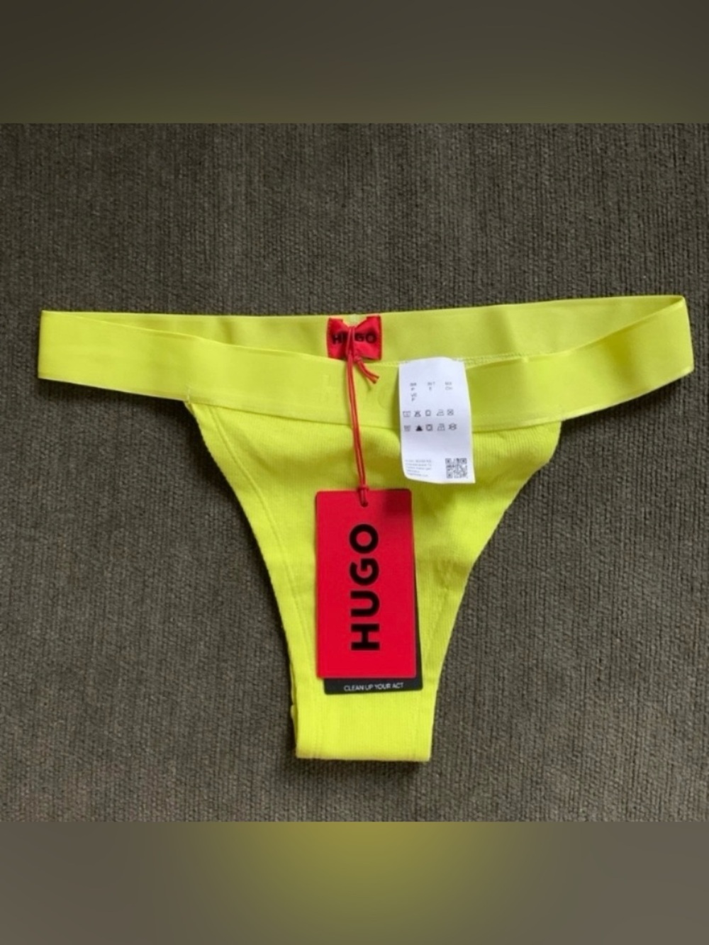 HUGO Neon Yellow Ribbed High-Cut Bikini Bottom - Picture 3 of 7